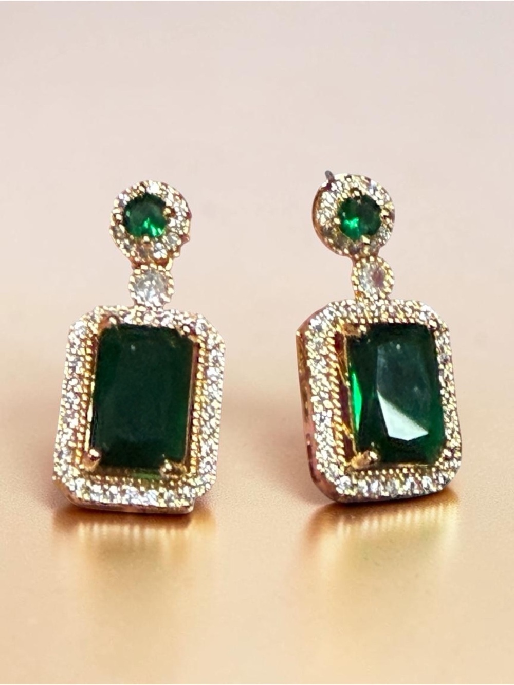 Emerald Halo Drop Earrings - Green Crystal & Gold